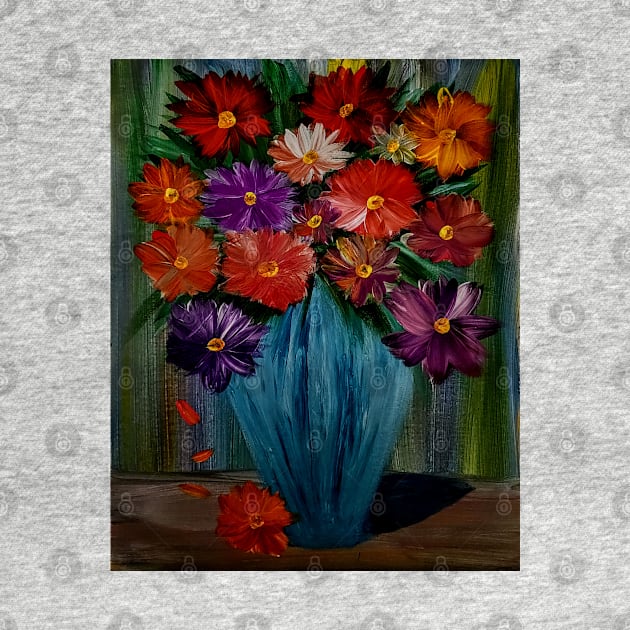 lovely color combination in this bouquet of flowers in a metallic deep torques blue vase by kkartwork